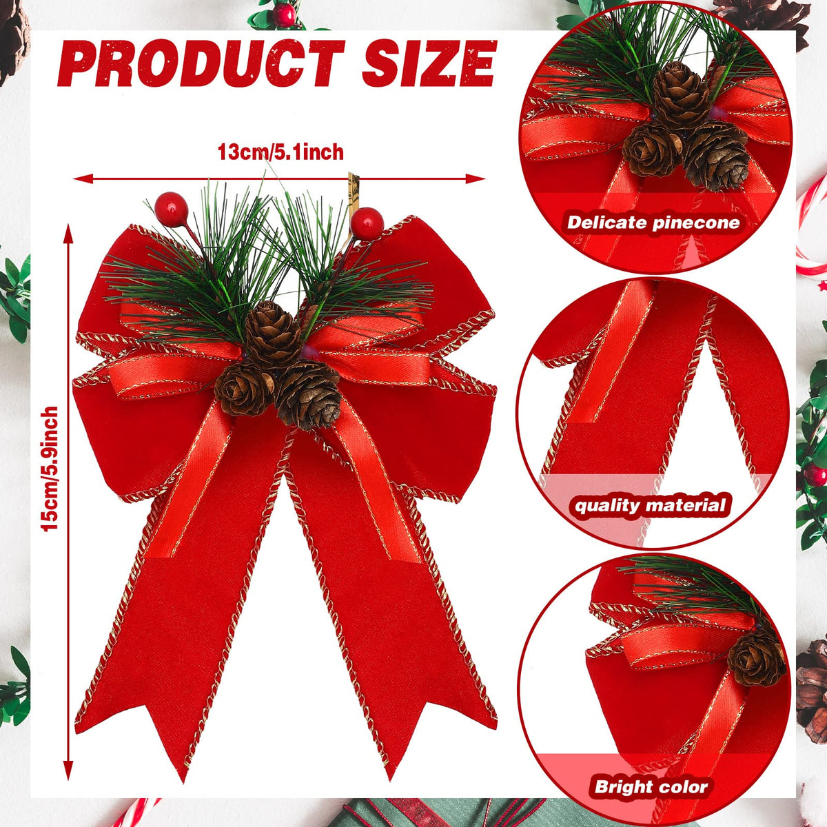 Syhood 6 Pcs Christmas Bows with Pine Cones Pine Needles Xmas Velvet Bows Red Ribbon Christmas Tree Wreath Decoration for Xmas Parties Indoor Outdoor Crafts DIY Decor
