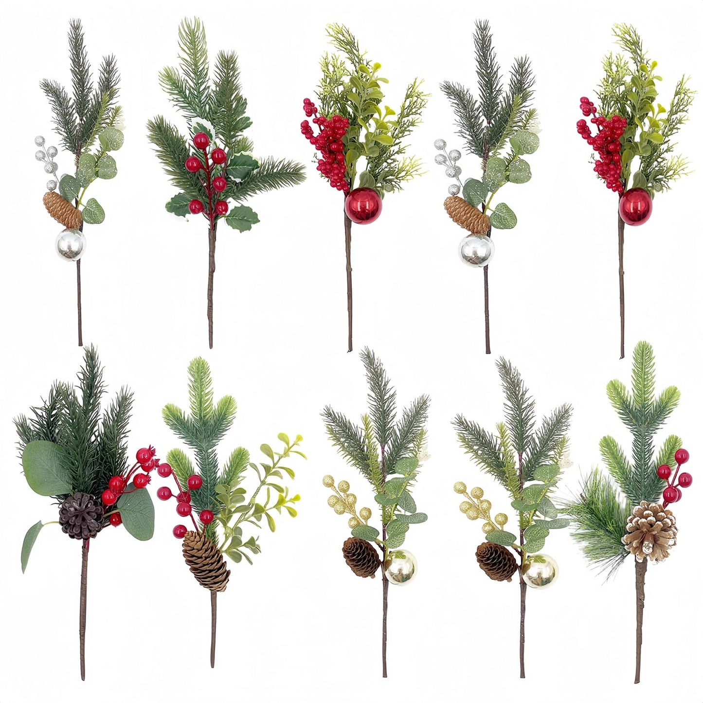 Gudegou 10 Pack Christmas Tree Picks with Gold Slive Ornaments,12-15Inch Red Derry Stems with Pinecone for Floral Arrangements DIY Crafts