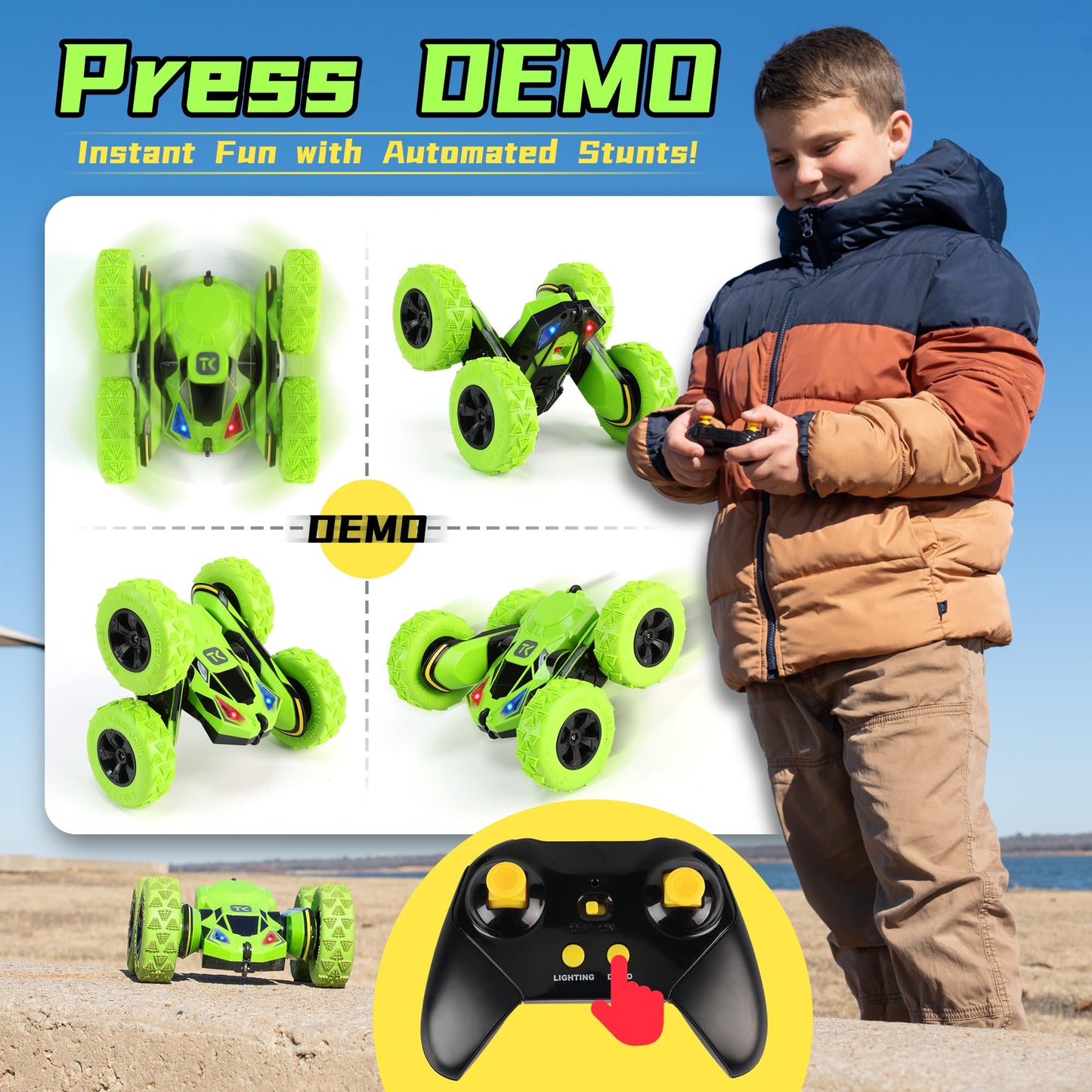Threeking RC Stunt Cars Remote Control Car Double-Sided Driving 360-degree Flips Rotating Car Toy, Green