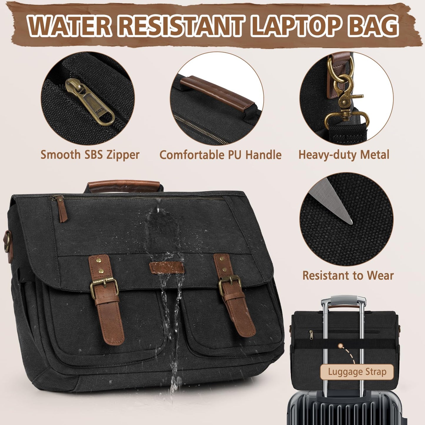 RAINSMORE Messenger Bag for Men 15.6-17.3 Inch Laptop Bag Water-resistant Canvas Briefcase Large Computer Satchel Shoulder Bag for Work College Travel, Black