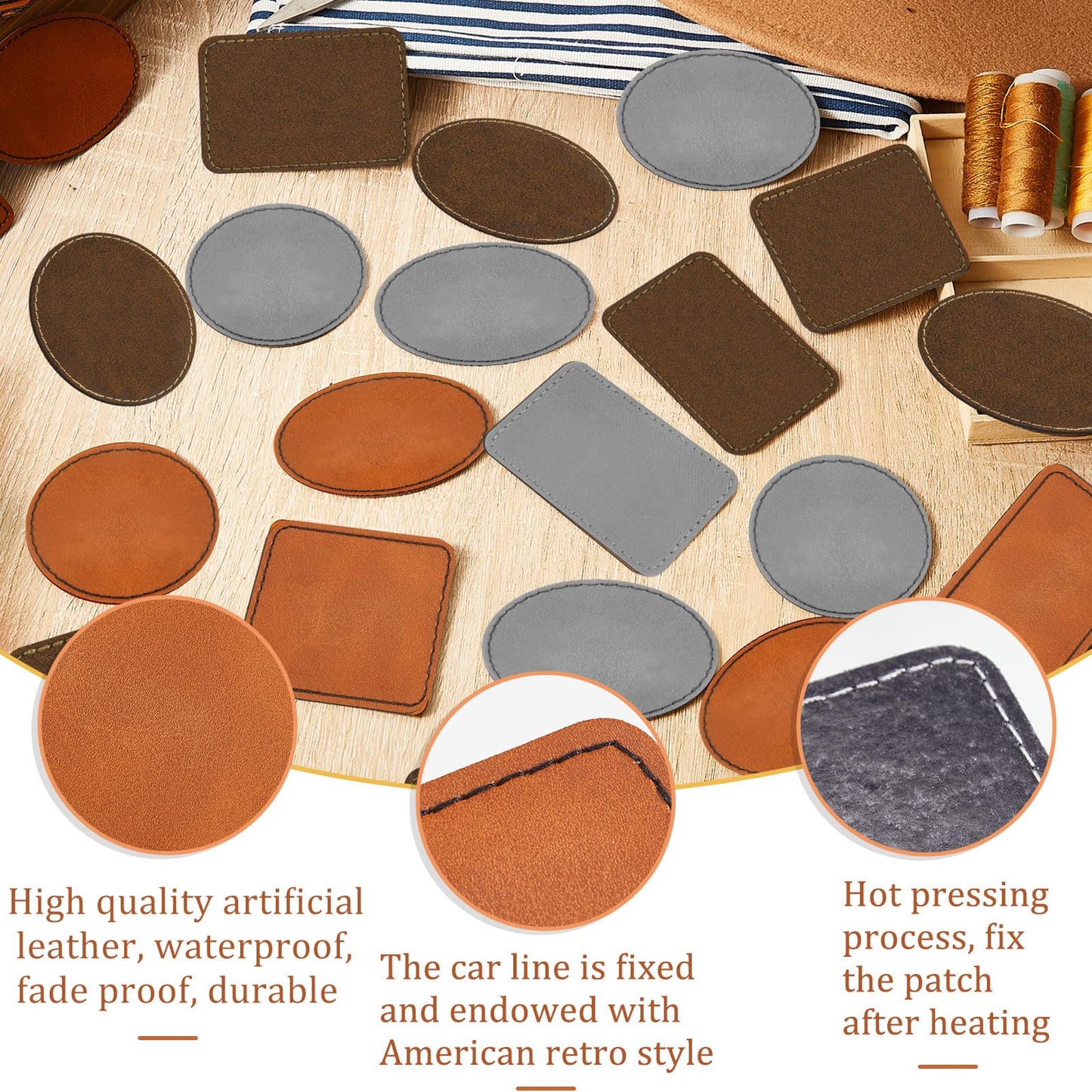 Dunzy 60 Pcs Blank Leatherette Hat Patches Laserable Leatherette Patch Iron on Heat Press with Adhesive Leather Patches for Hats Clothes Repair(Khaki, Golden Brown, Gray,3 x 2 Inches)
