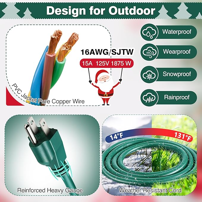 Feekoon 20FT Outdoor Extension Cord Splitter with Timer, Waterproof 3-Outlet Cord with Safety Cover 16/3 SJTW Weatherproof Power Cable for Outdoor Halloween Christmas Decorations Garden Lights
