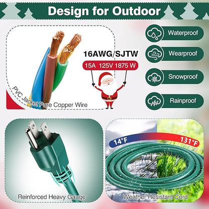 Feekoon 20FT Outdoor Extension Cord Splitter with Timer, Waterproof 3-Outlet Cord with Safety Cover 16/3 SJTW Weatherproof Power Cable for Outdoor Halloween Christmas Decorations Garden Lights