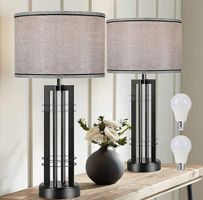 27in Tall Table Lamps for Living Room Button Control Farmhouse Rustic Table Lamps Set of 2 SideTable Lamps Black&Grey Bedroom Lamps for Bedside Nightstand End Table 2025 New