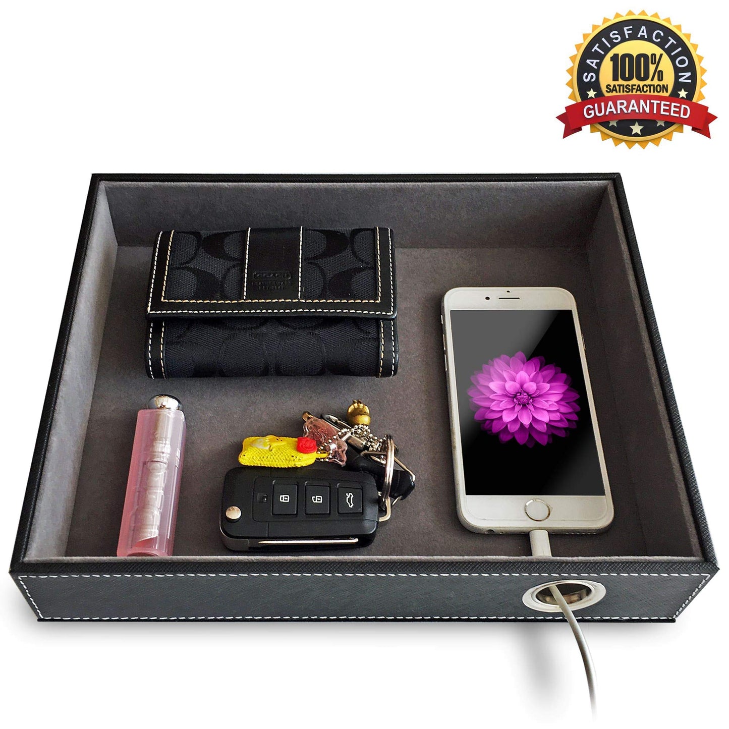 SUKKMORI Valet Tray with Charging Station - PU Leather Nightstand Organizer for Men and Women, Desk Catchall Tray for Keys, Jewelry