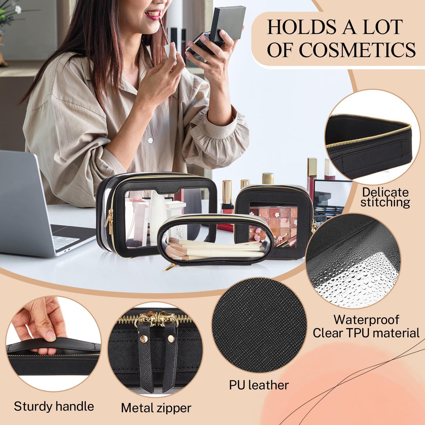 4 Pcs Leather Clear Makeup Bags Set for Women Travel Clear Cosmetic Case Toiletry Bags with Zipper Makeup Brush Case Waterproof Organizer Storage for Women Men Travel Accessories, 4 Sizes(Black)