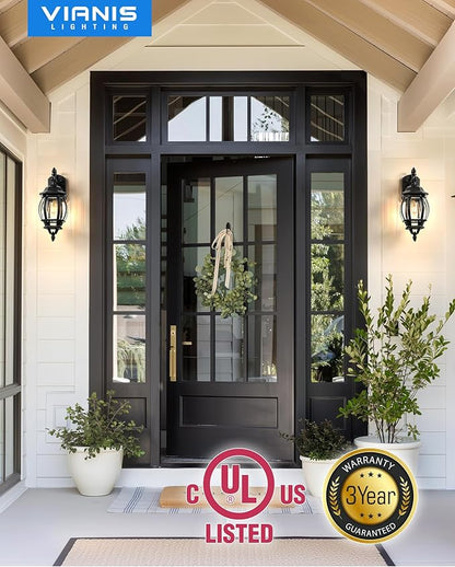 VIANIS Exterior Lighting Fixtures for House, Black Dusk to Dawn Front Porch Light Wall Mount with Tempered Bevel Glass, 100% Aluminum Waterproof Outdoor Wall Sconce Lantern for Garage Patio, Anti-Rust