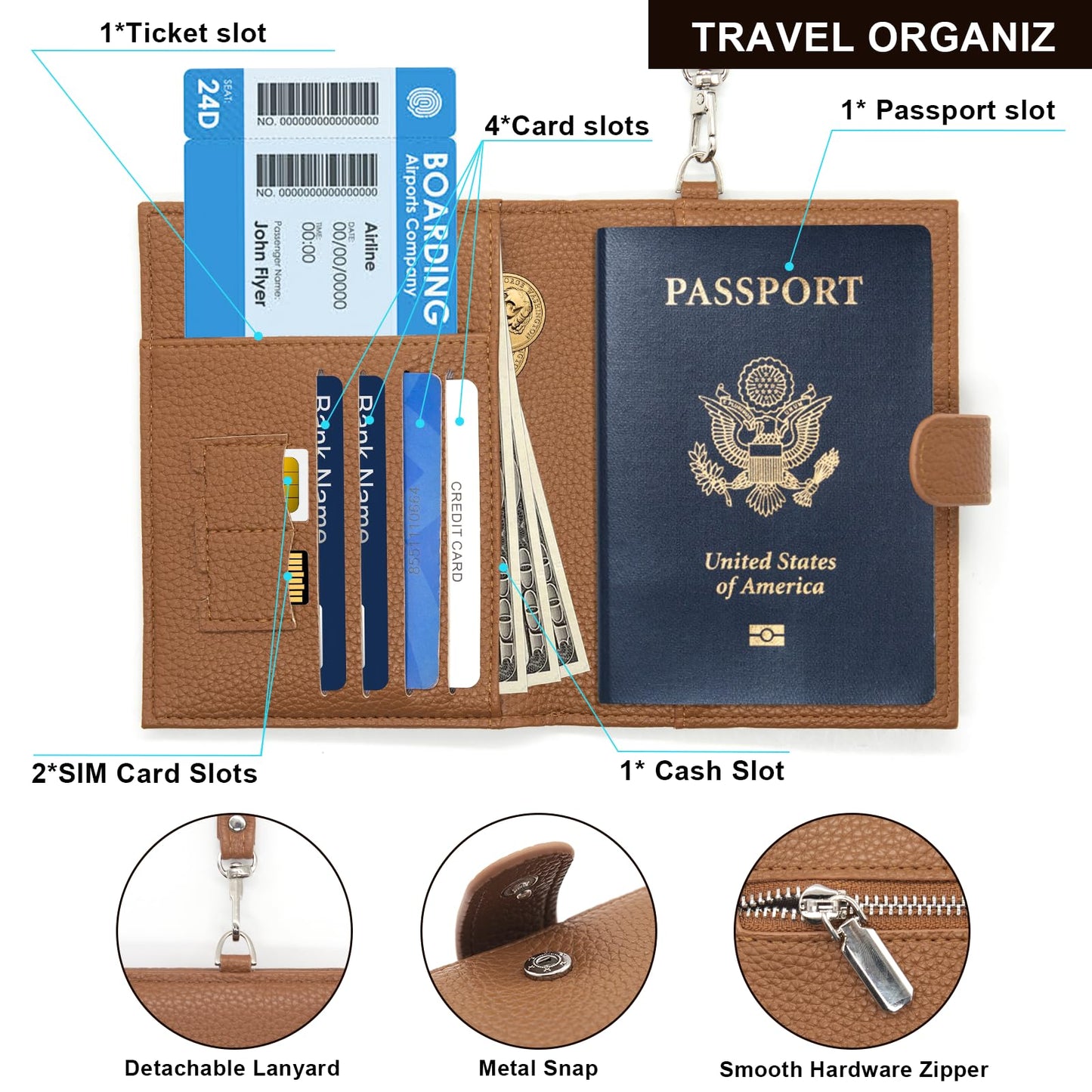 Long Keeper Passport Holder for Women Men PU Leather Anti-theft Wallet with Card Holder Slim Travel Neck Pouch with Lanyard (Beige)