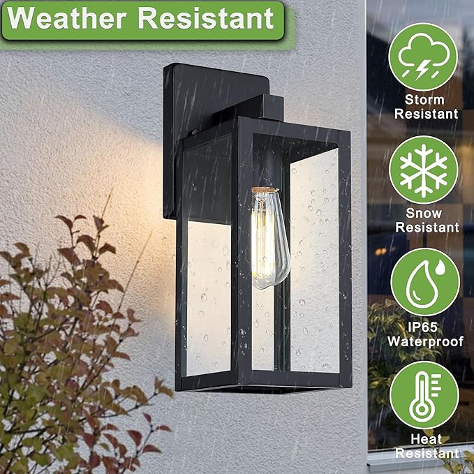 GRUENLICH Waterproof Large Outdoor Wall Lanterns, Modern Black Porch Sconces with Clear Glass Shade, E26 Socket Max 60W, IP65 Rated, Metal Frame, for Patio, Front Door, Entryway, 2-Pack