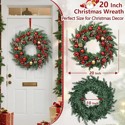 Christmas Wreath with Lights, 20 Inch Christmas Wreaths for Front Door, Large Winter Door Wreath with Ball Ornaments, Berries and Norfolk Pines, Xmas Decor for Indoor Outdoor Wall Windows