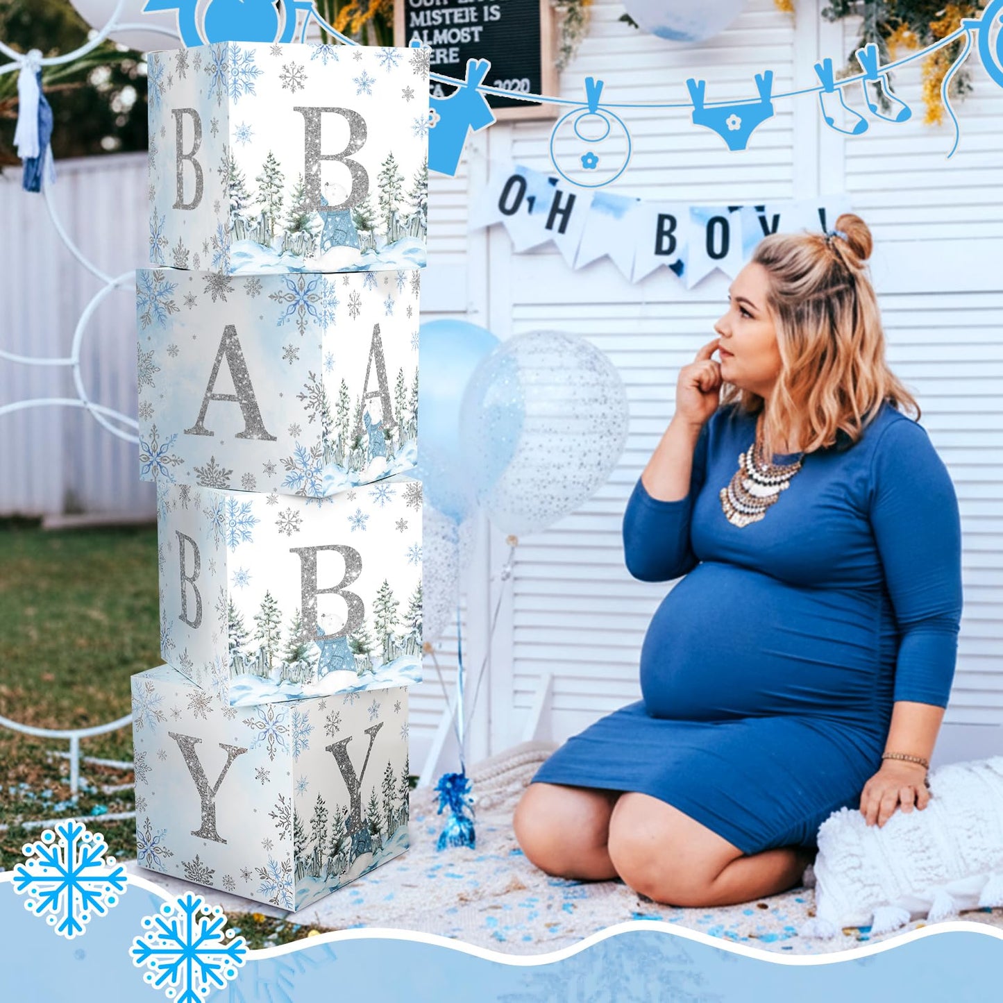 AmazingSpark 4 Pcs Winter Snowflake Blue Baby Shower Decoration Boxes with Letters Winter glitter Snowflake Wonderland Box Block Baby Shower Backdrop Centerpiece for Party
