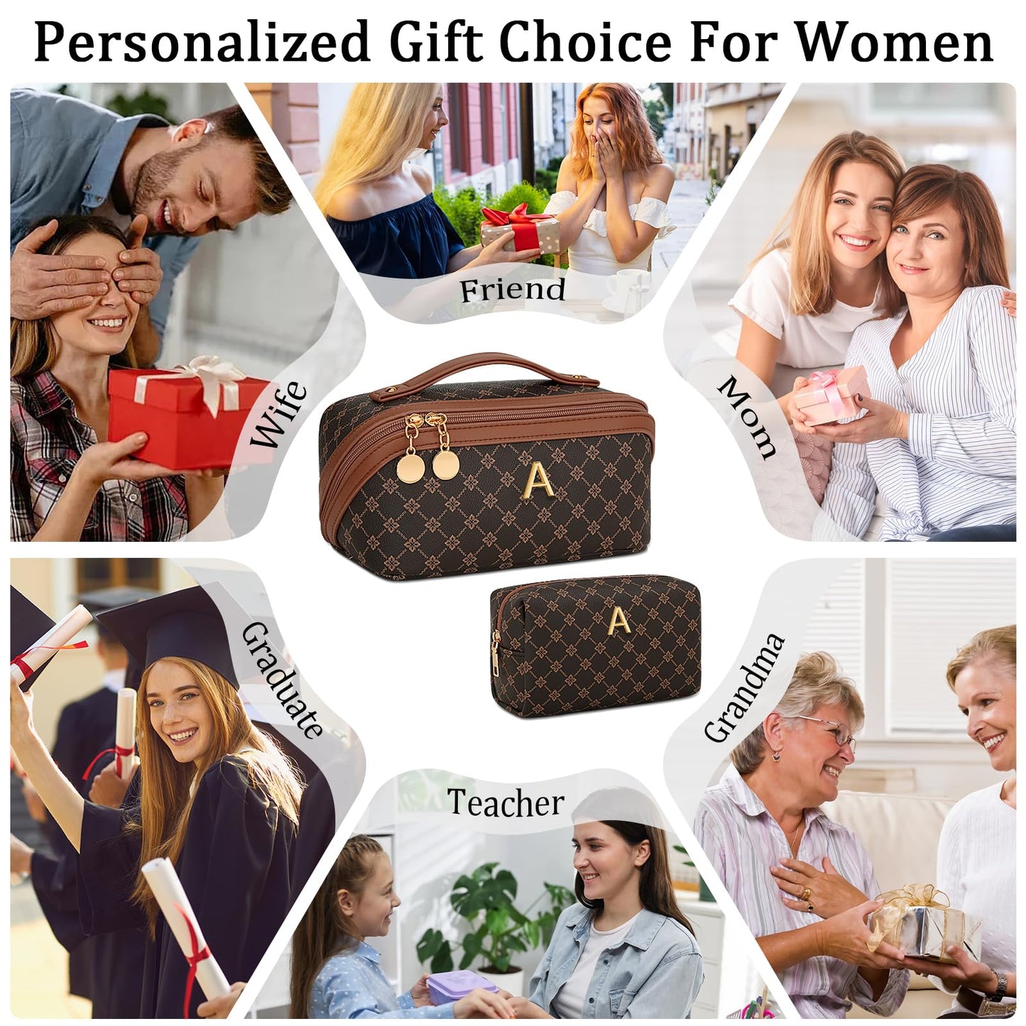 CLOUDWINGS Birthday Gifts for Women Teen Girl, Personalized Initial Makeup Organizer Bag Set, Open Flat Travel Cosmetic Bag With Clear Divider and Handle(Coffee,A)