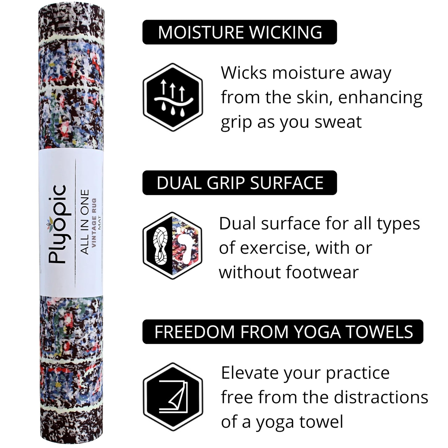 Plyopic. All In One Yoga Mat | Luxury Sweat-Grip Mat/Towel Combo | Ideal for Yoga, Hot Yoga, Bikram, Pilates, Workout & Exercise | Eco-Friendly Natural Rubber