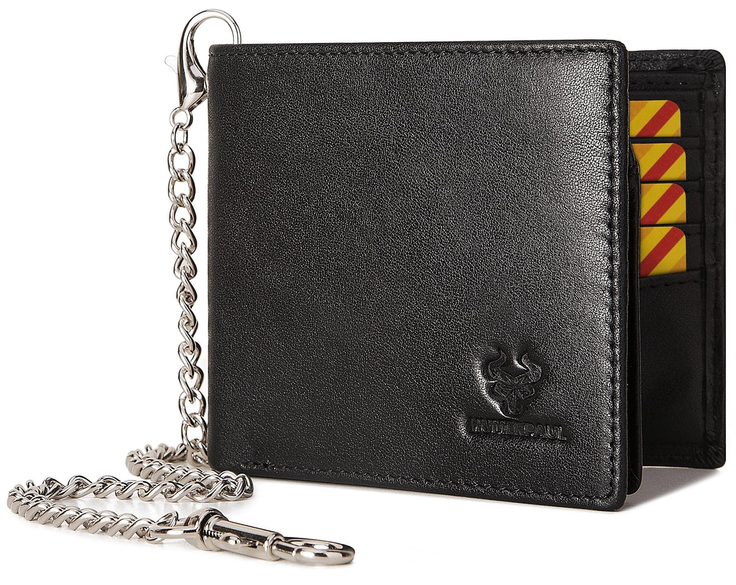 HUMERPAUL Mens Wallet with Chain, RFID Blocking Genuine Leather Bifold Wallet Minimalist With 2 ID Window (Black)