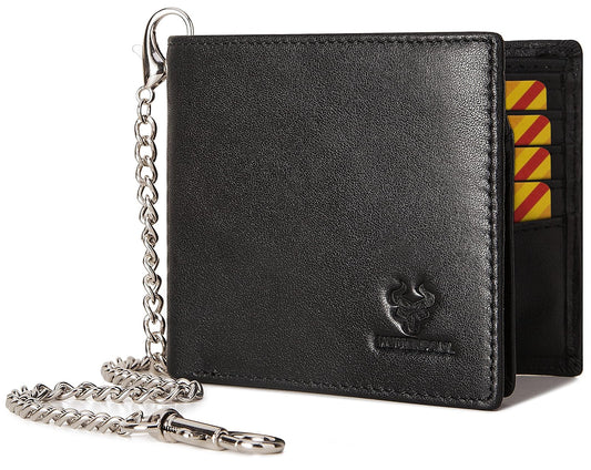 HUMERPAUL Mens Wallet with Chain, RFID Blocking Genuine Leather Bifold Wallet Minimalist With 2 ID Window (Black)