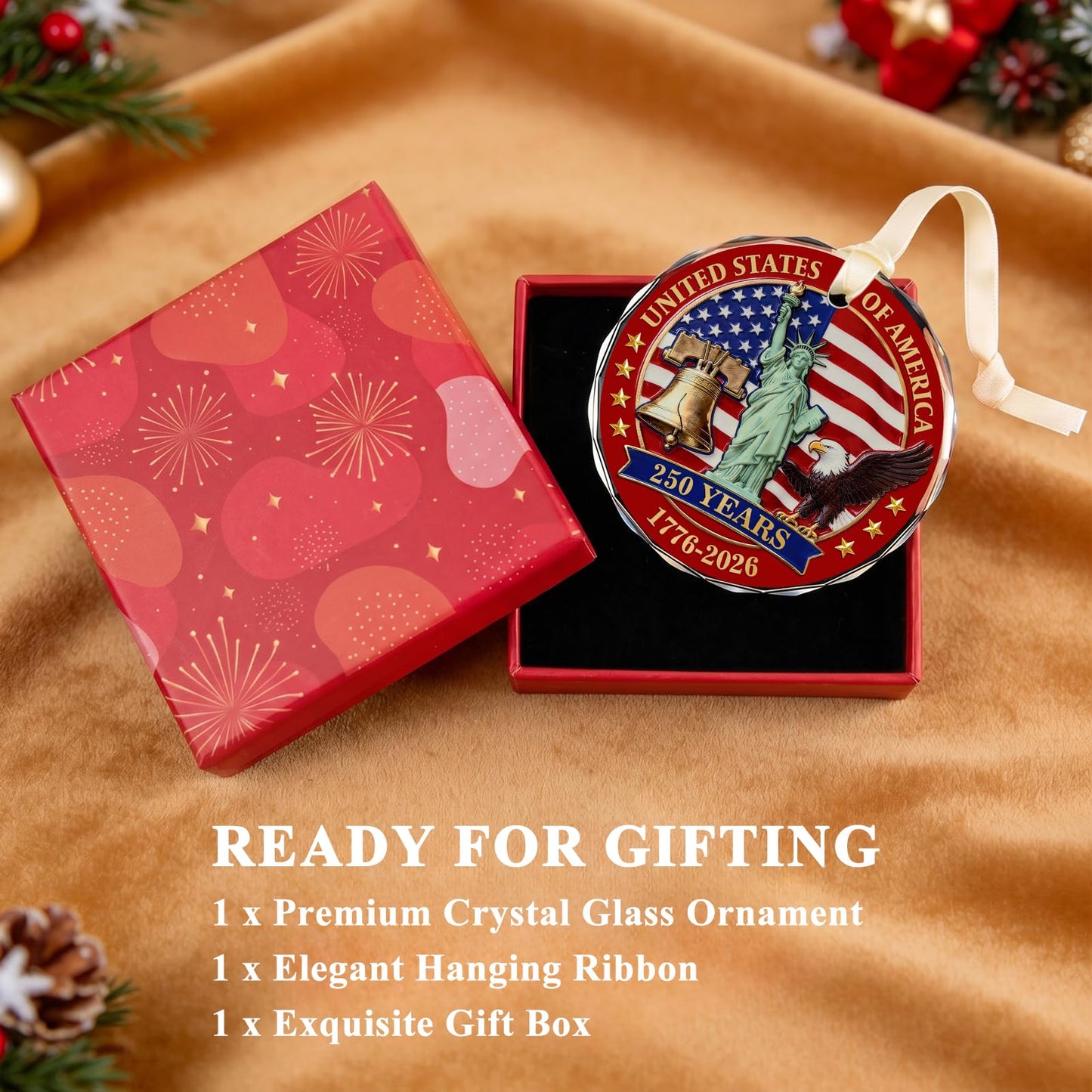250 Anniversary USA Ornament for 4th of July Tree Decorations - Crystal Glass Patriotic Christmas Ornaments - 1776-2026 Bald Eagle Statue of Liberty Bell Keepsake - Independence Day Souvenir Gifts