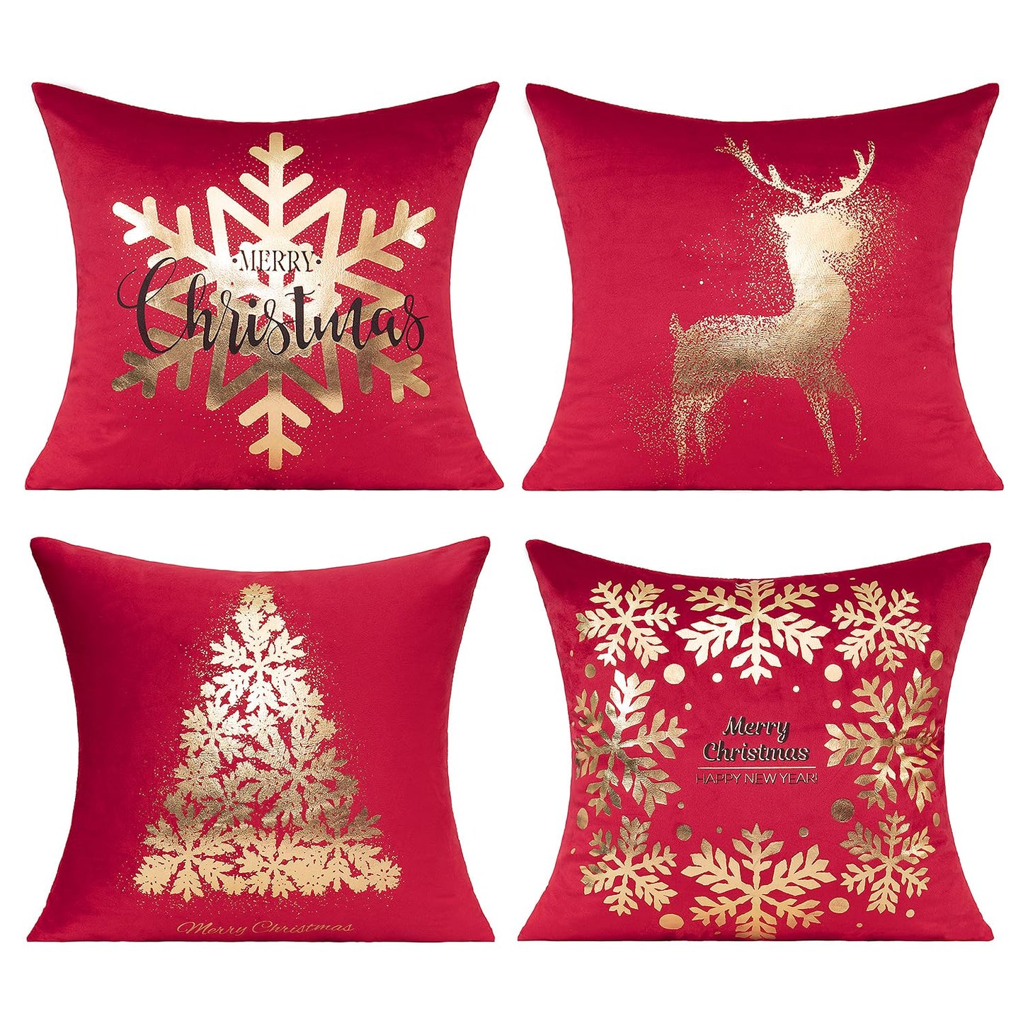 All Smiles Red Gold Christmas Decorations Throw Pillow Covers Cases 18X18 Set of 4 Turquoise Xmas Indoor Home Décor Ornaments Velvet Navidad Cushion for Sofa Couch Tree Snowflake