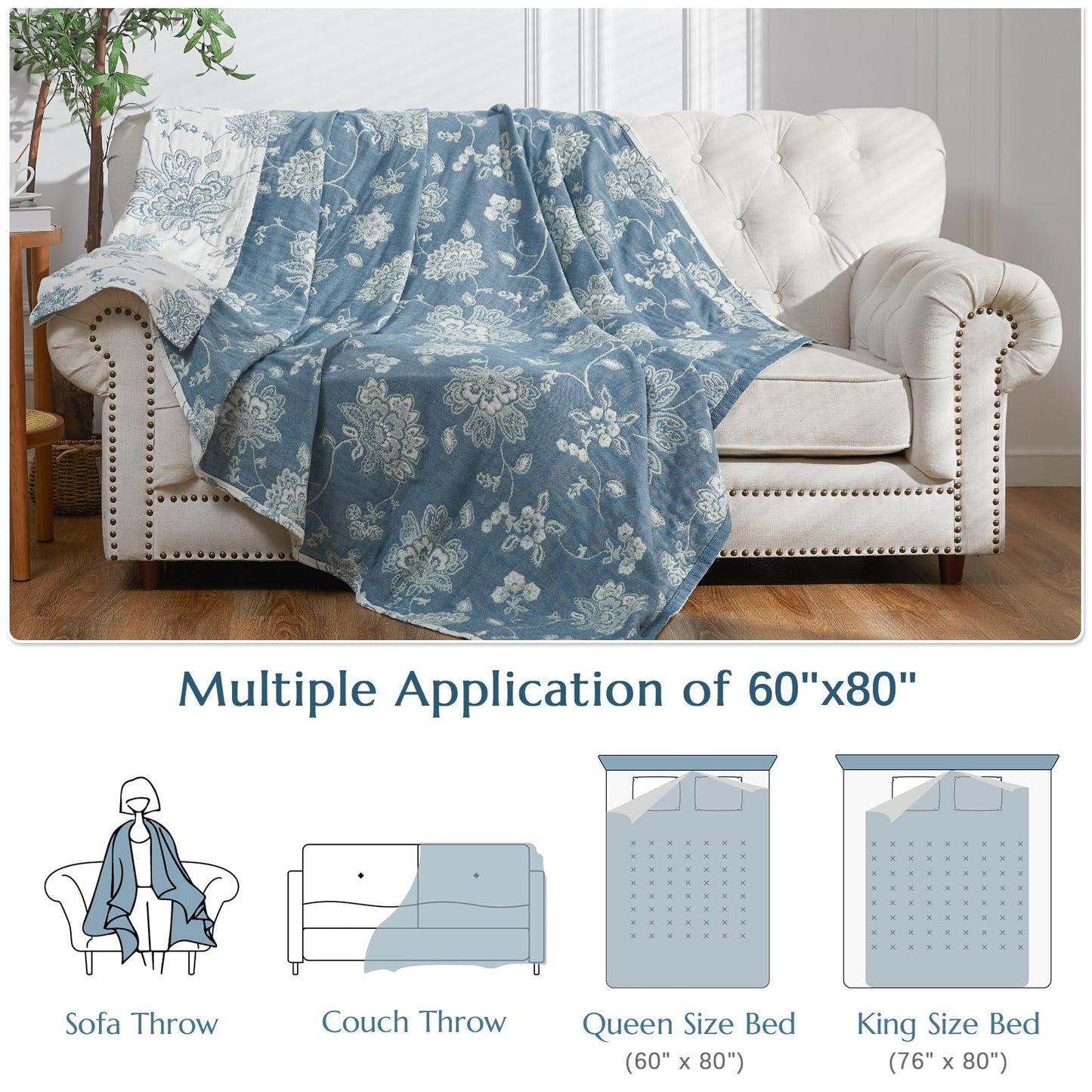 jinchan Boho 100% Cotton Muslin Twin Size 60x80 Inches Blanket Lightweight 4-Layer Quilted Soft Blue and White Floral Throw Blanket Green Accents Reversible Comfy Flower Summer Couch Bedroom Decor