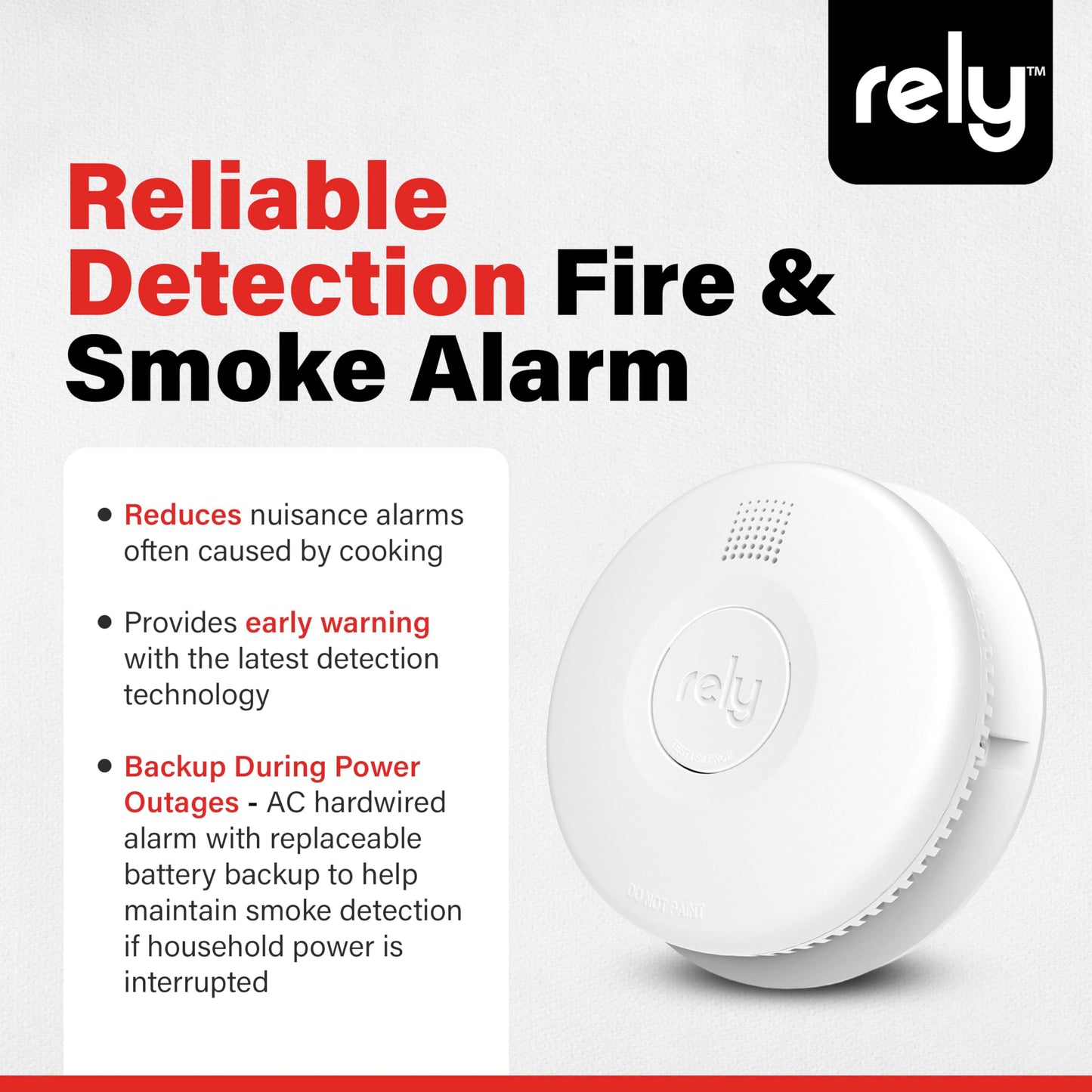 Rely Essentials 5400 Smoke Alarm – Hardwired AC Powered with Battery Backup - Photoelectric Smoke Detector - Interconnect, Easy Install – 1 Pack