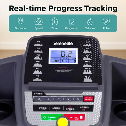 SereneLife - Electric Folding Treadmill Exercise Machine - Smart Compact Digital Workout Fitness Trainer w/ Bluetooth App Sync, Manual Incline Adjustment, For Walking, Running, Gym