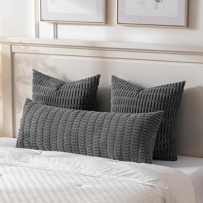 Fancy Homi Dark Grey Long Body Lumbar Decorative Throw Pillow Covers 14x36 Inch for Bed Couch Bedroom Bench, Soft Corduroy Rectangle Solid Pillow Case, Rustic Farmhouse Boho Room Decor