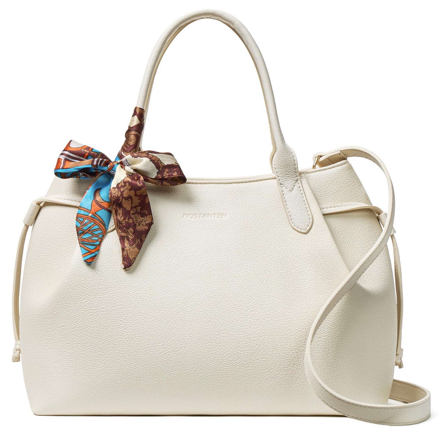 BOSTANTEN Silk Scarf Satchel bags Vegan Leather Purses for women Medium Work Tote bag with Removable Strap Off White