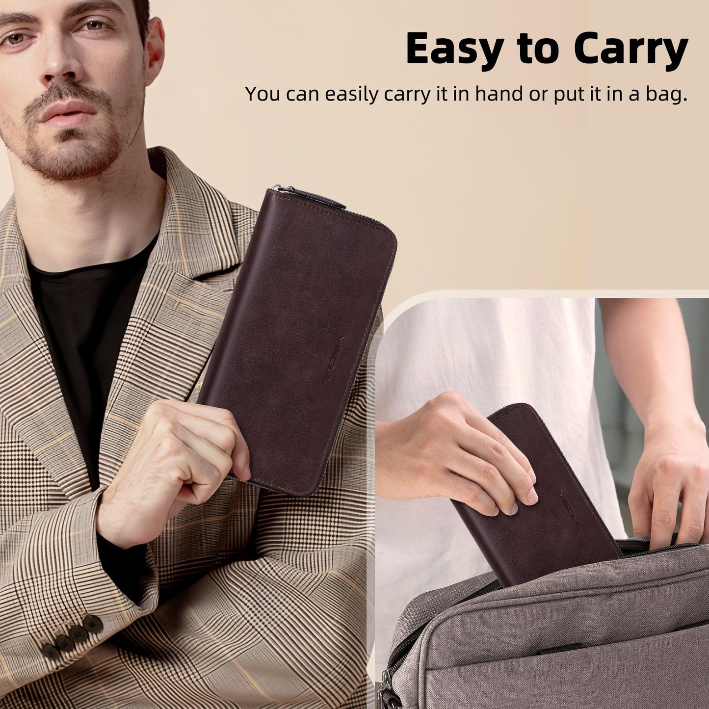 VISOUL Leather Long Zipper Pouch Wallet for Men and Women with RFID Blocking, Large Clutch Cash Long Wallet with Zipper (Coffee)