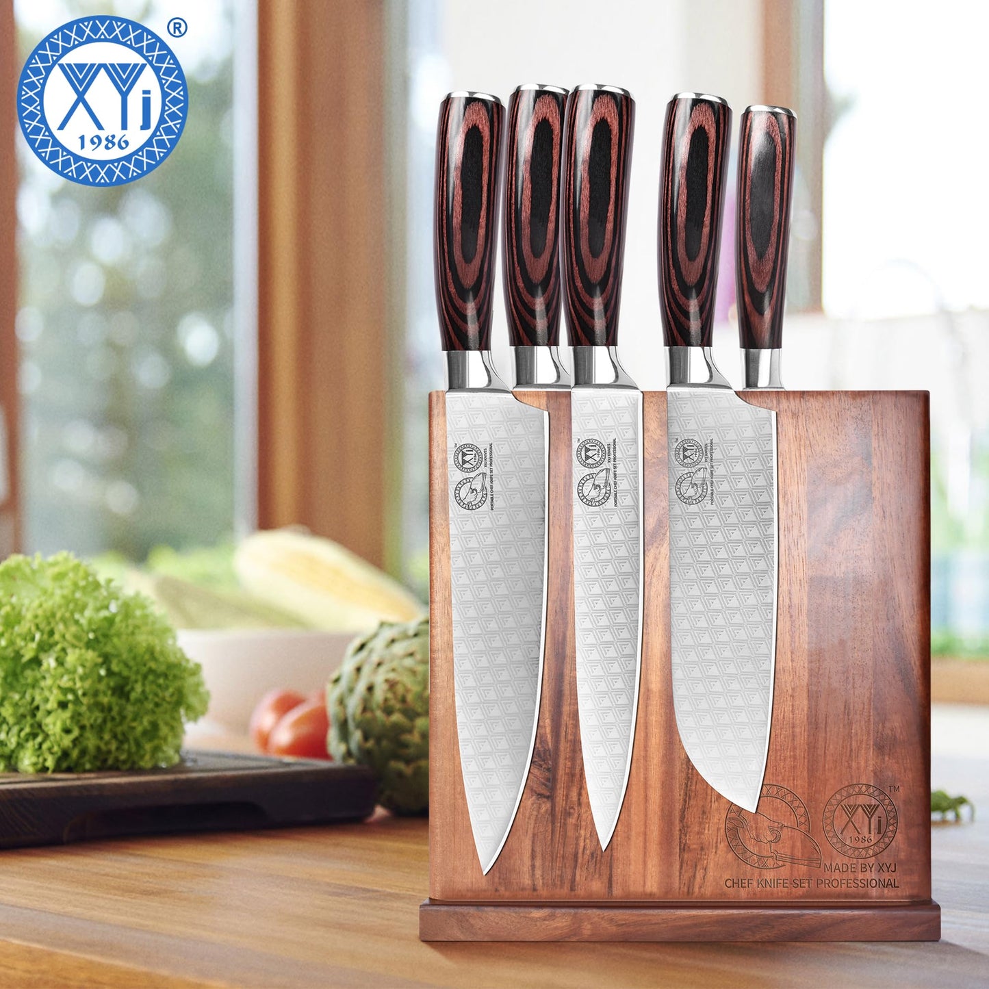 XYJ Authentic Since 1986, Magnetic Knife Block, Double Side Kitchen Knife Stand, Acacia Wood, Magnetic Knife Holder with Strong Enhanced Magnets,Knives Storage Rack Stand for Home Kitchen