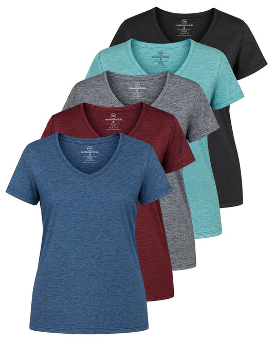 Real Essentials 5 Pack: Women's Dry-Fit Short Sleeve V Neck T Shirt Workout Fitness Yoga Top Tee, Set 8, L