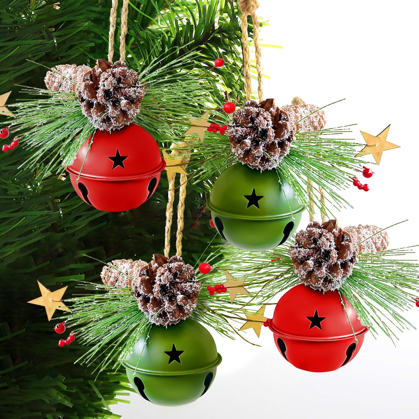 4 Pack Christmas Hanging Jingle Bells Ornaments, Red and Green 3.5 Inch Metal Bells with Frosted Pinecones, Snowy Pine Leaves and Berries, Rustic Xmas Decorations for Tree, Door, Fireplace Party Décor