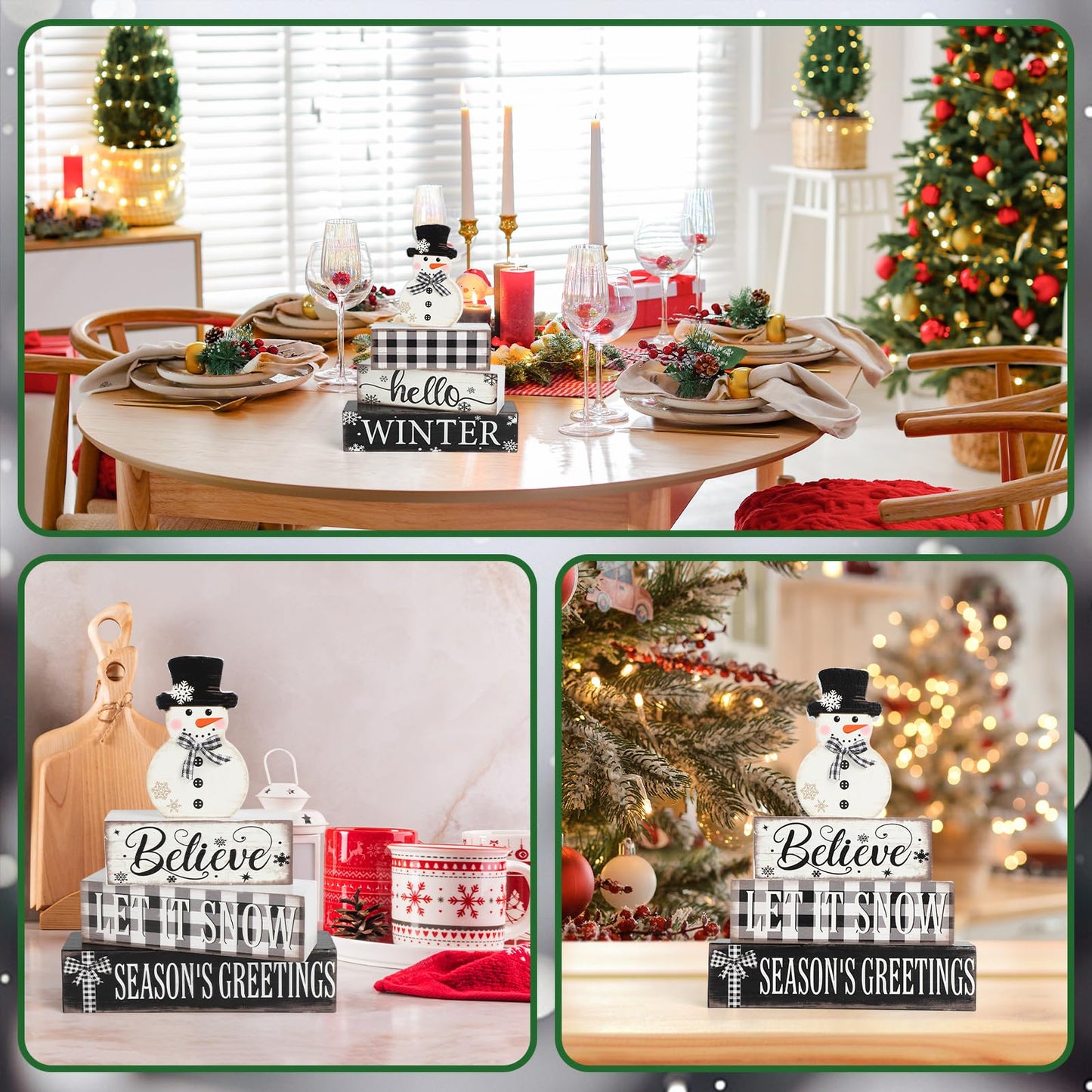 4 Pcs Christmas Decorations Indoor Wooden Snowman Table Sign Decor Table Centerpieces Xmas Merry Christmas Tabletop Block for Holiday Office Desk Tiered Tray Party Shelf Decor Double-sided Pattern