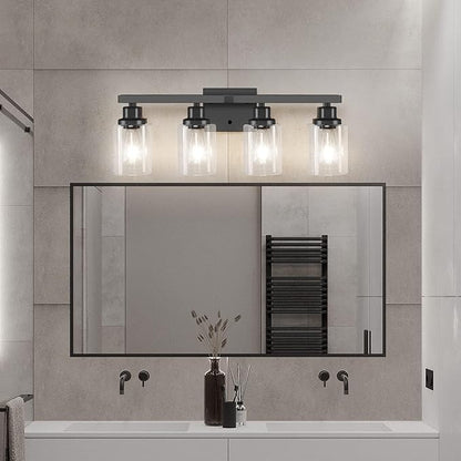 Bathroom Vanity Light, 4-Light Modern Matte Black Wall Sconce Lighting with Clear Glass Shade, Black Wall Lights,Bath Vintage Wall Mounted Lamps for Mirror Bedroom,Living Room