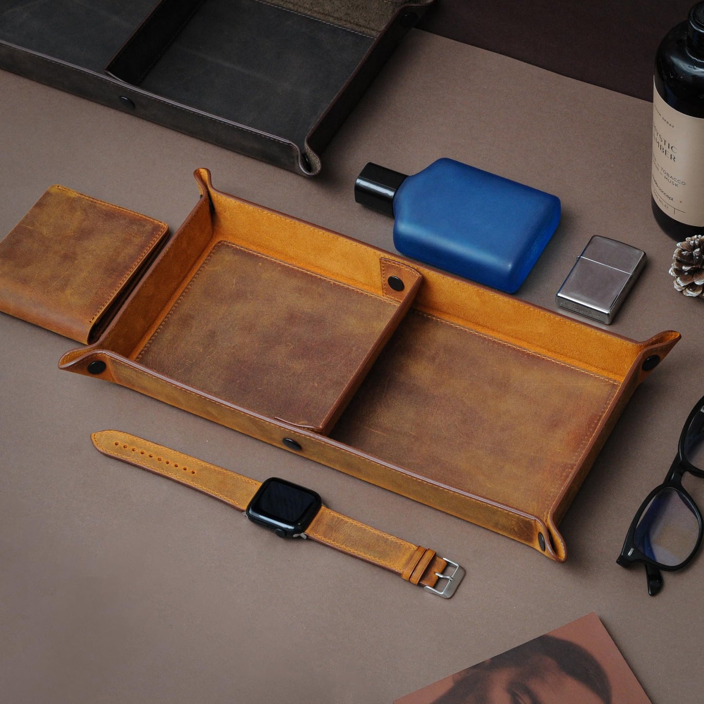 MayaCraft Handmade Leather Catch All Tray and Organizer for Keys, Phones, Jewels, Coins, Rectangular, Light Camel