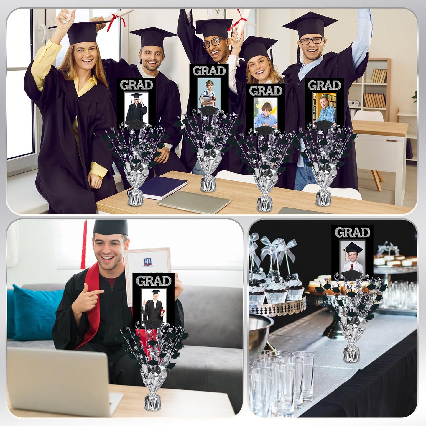 Capoda 6 Pack Graduation Table Centerpiece Party Decoration Metallic Foil Spray Centerpiece Glitter Star Tabletop Decor for 2026 Graduation Party Congrats Grad Decor Supplies (Photo,Black Silver)