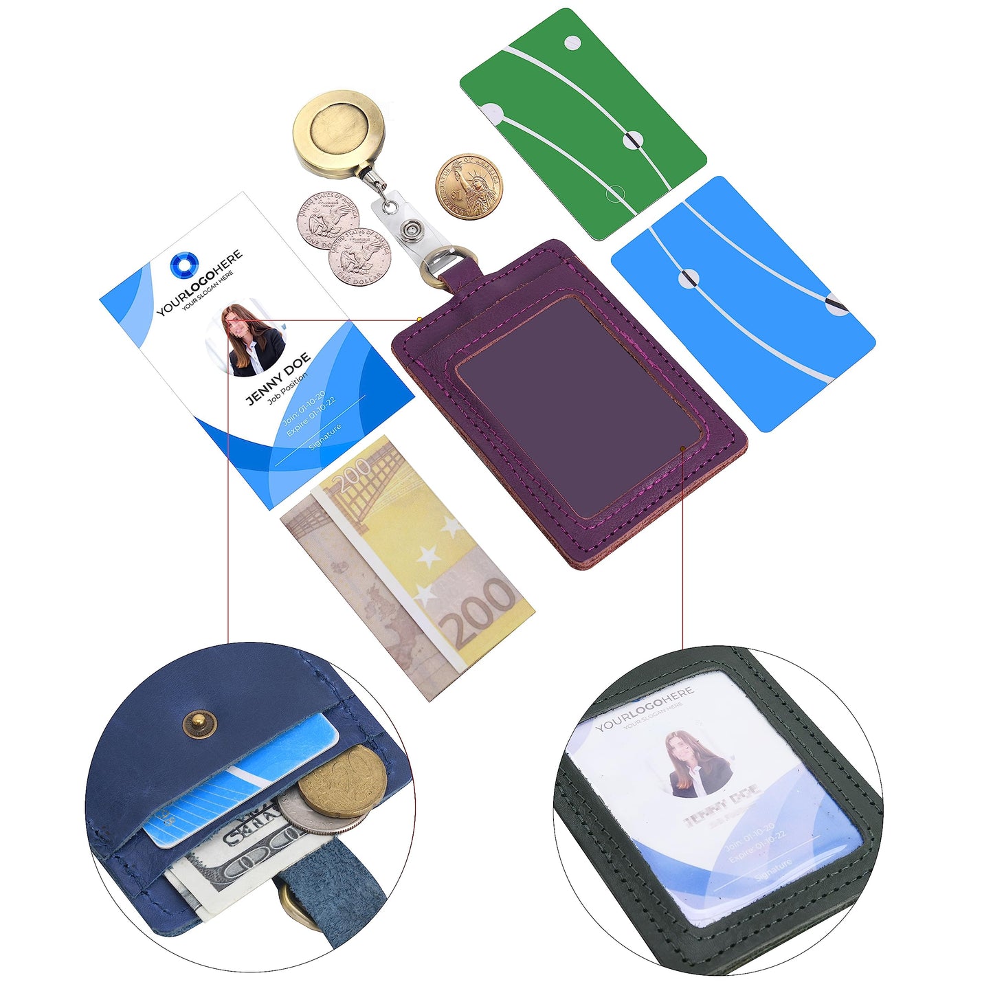 Wonderpool ID Badge Holder Genuine Leather Card Slots Case with Detachable Neck Lanyard and Retractable Badge Reel for Office School Hospital Exhibition ID & Driver Licence (Purple)