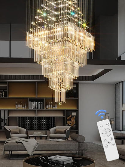 D40''X H80'' Extra Large Chandeliers for High Ceilings Crystal Raindrop Gold Chandeliers Large Villa Chandelier Entrance Foyer Square Ceiling Light LED Dimmable 2700K-6000K 16 led bulbs include