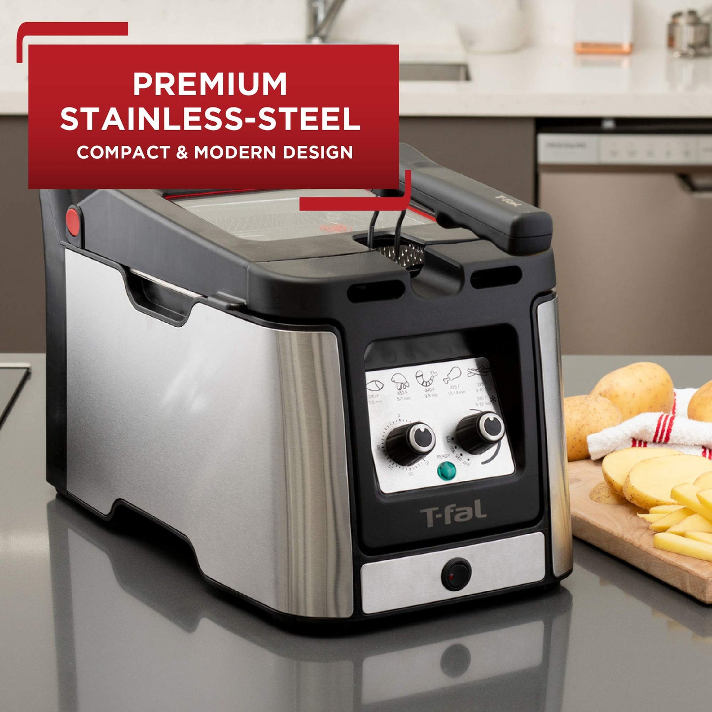 T-fal 3.5L Stainless Steel Deep Fryer with Basket for Home Use, 1700W, Deep Fryer with Oil Filtration, Temp Control, Digital Timer