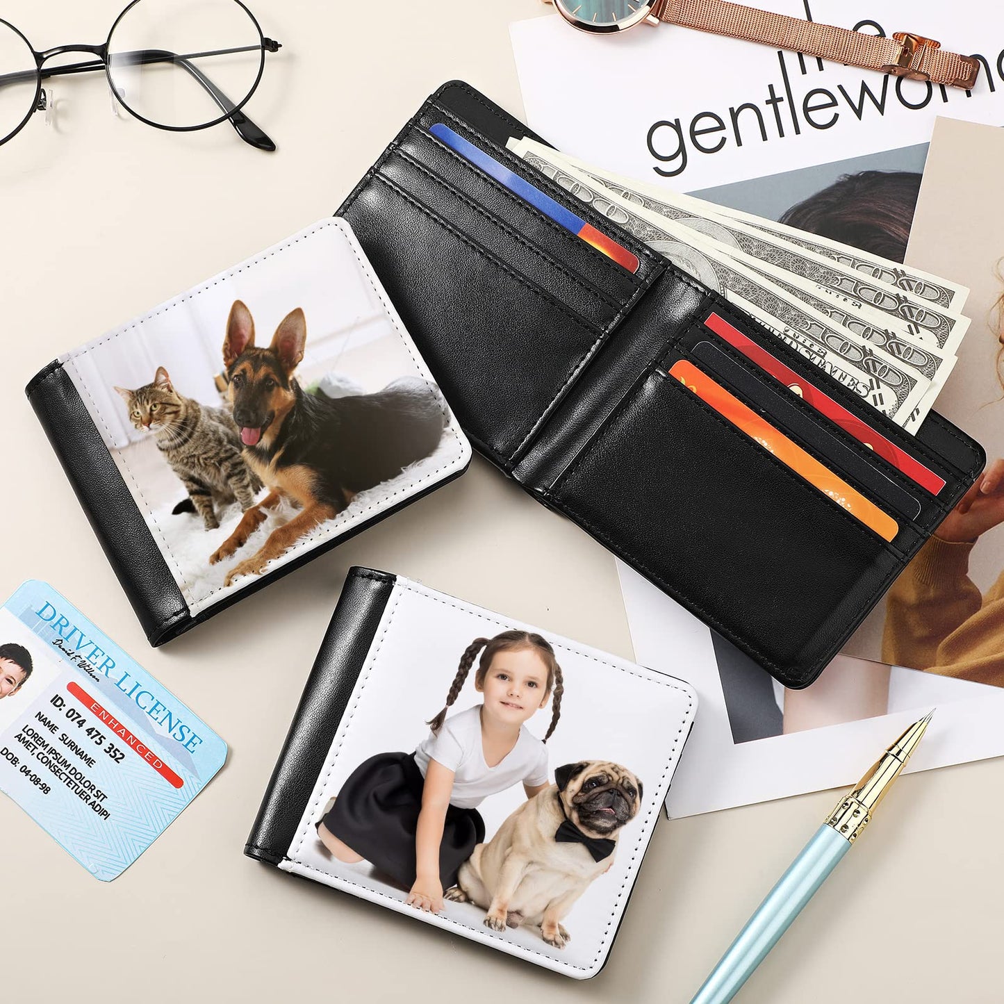 LEIFIDE 4 Pcs Sublimation Wallet Blanks for Men Heat Transfer Wallet Blank Sublimation Single Sided DIY Purse Slim PU Leather Bag with ID Windows Card Slots for Father's Day Gift Travel Work