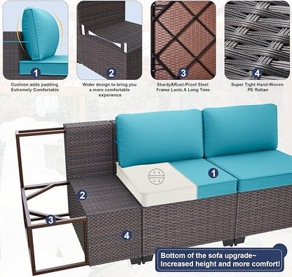 Kurapika 7 Pieces Patio Furniture Set, Rattan Wicker Outdoor Conversation Sets w/4 Inch Cushion and Glass Coffee Table(Blue)