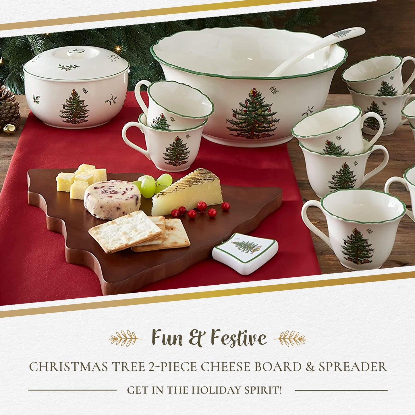 Spode Christmas Tree Cheese Board & Spreader Set (2-Piece) – 13" Acacia Wood Cheese Serving Board with Handled Spreader – Festive Serveware for Holiday Entertaining, Charcuterie & Appetizers