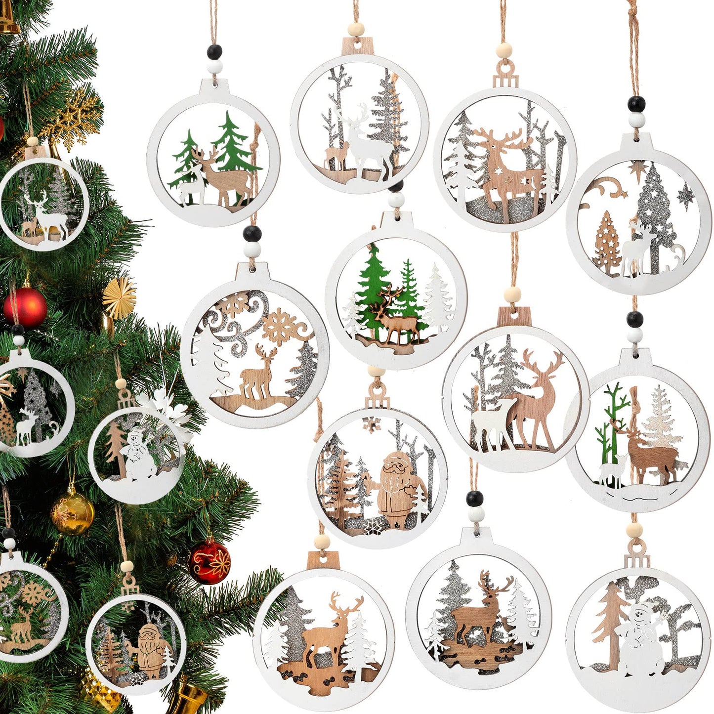 Coume 24 Pcs Christmas Wooden Ornaments Christmas Tree Ornaments Hollow Winter Wood Craved Hanging Craft Decorations Farmhouse Rustic 3D Glitter Reindeer Santa Snowman, 12 Designs