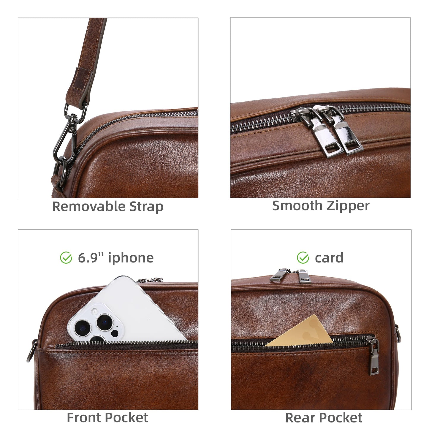 Iswee Crossbody Bags for Women Genuine Leather Shoulder Purse Satchel Bags Leather Purse and Handbags with Adjustable Guitar Strap(Coffee)