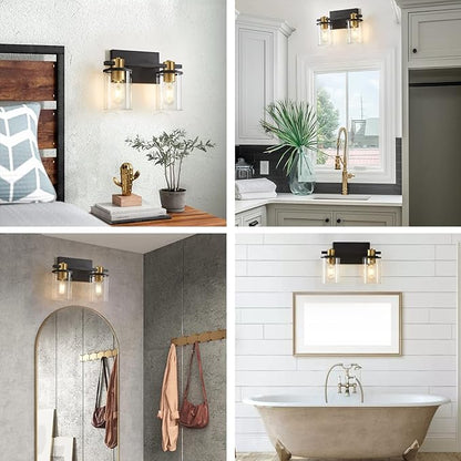 stambord 2 Light Bathroom Vanity Light, Black and Gold Bathroom Light Fixtures, Sconces Wall Lighting with Glass Shade, Modern Farmhouse Vanity Lighting fixtures for Bathroom, Bedroom, Hallway