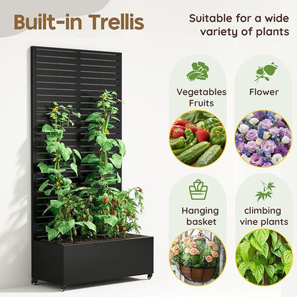 Metal Raised Garden Bed with Trellis & Wheels,72" x 35"x 15.7" Planter Box with Trellis,Privacy Planters for Patio,Garden Bed for Climbing Plants,Suitable for Climbing Plants and Vegetables,Black