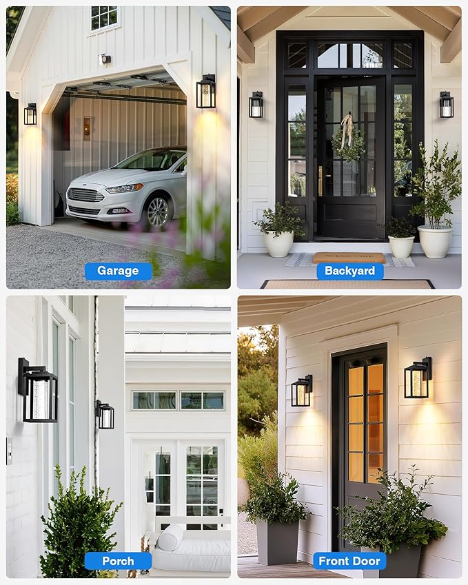 VIANIS Black Exterior Lighting Fixtures Wall Mount for House, 2 Pack Dusk to Dawn Outdoor Porch Light with Integrated 10W LED Light Source Crystal Bubble Glass, Anti-Rust Exterior Wall Sconce Lantern