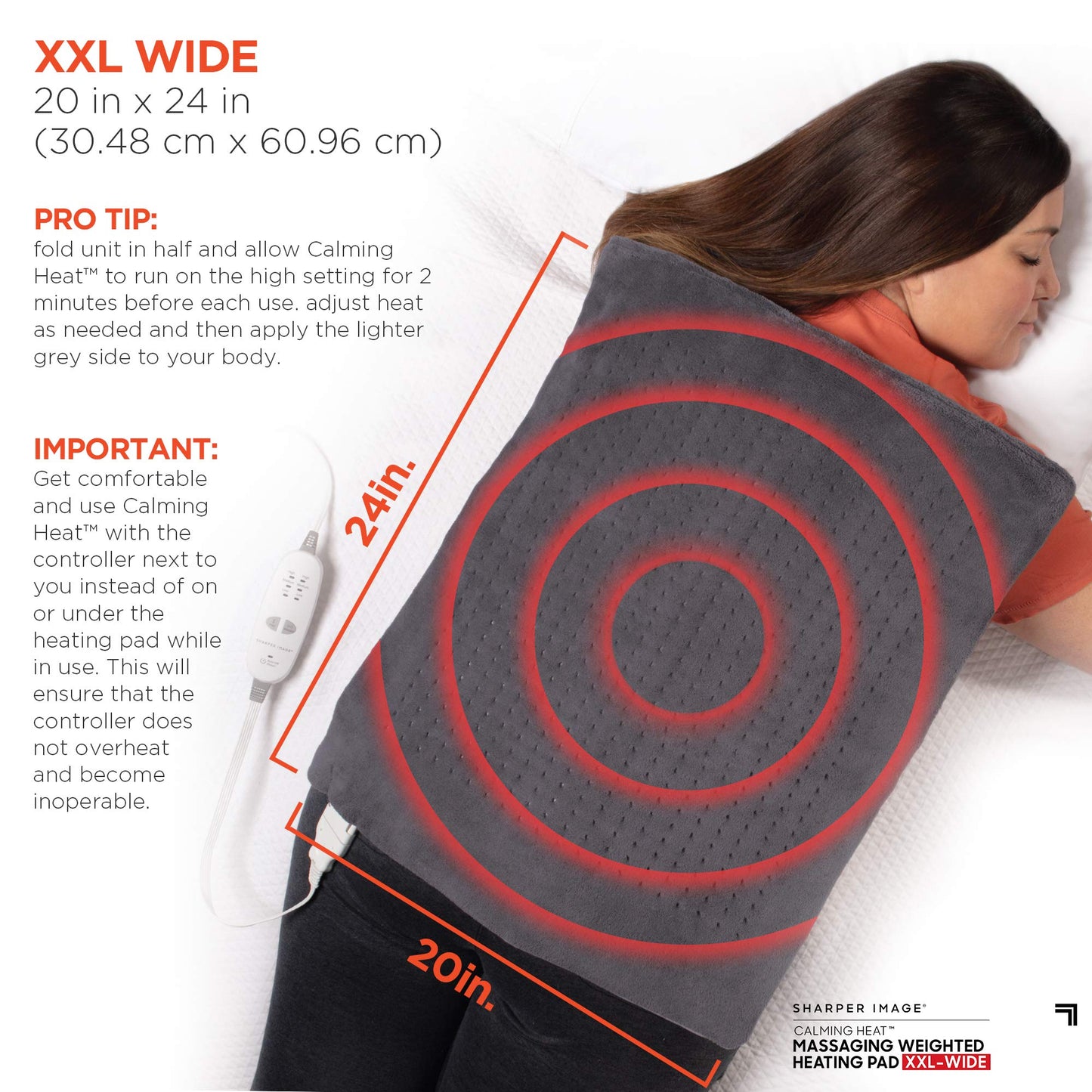 Calming Heat Massaging Weighted Heating Pad by Sharper Image- Electric Heating Pad with Massaging Vibrations, Auto-Off,12 Settings- 3 Heat, 9 Massage- 27 Relaxing Combinations, 12” x 24”, 4lbs