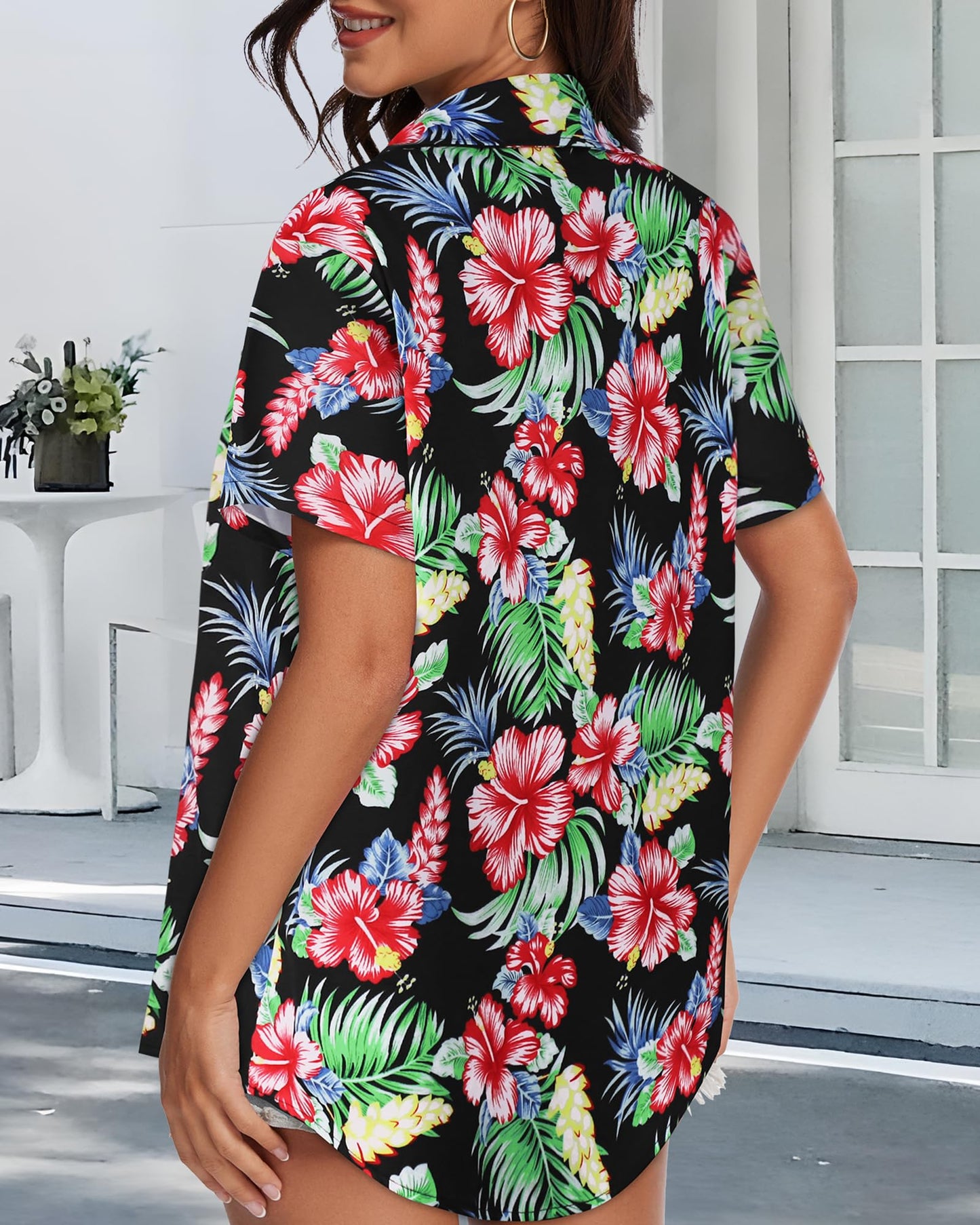 Women Hawaiian Shirt Button Down Summer Tops Beach Cool Short Sleeve V Neck Blouse(Red Black Floral,XL)