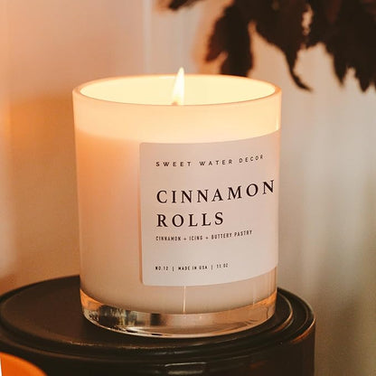 Sweet Water Decor Cinnamon Roll Candle - Cinnamon, Icing, Buttery Pastry Cinnamon Scented Candles for Fall - 11oz White Jar and Wood Lid, 50+ Hour Burn Time, Made in The USA