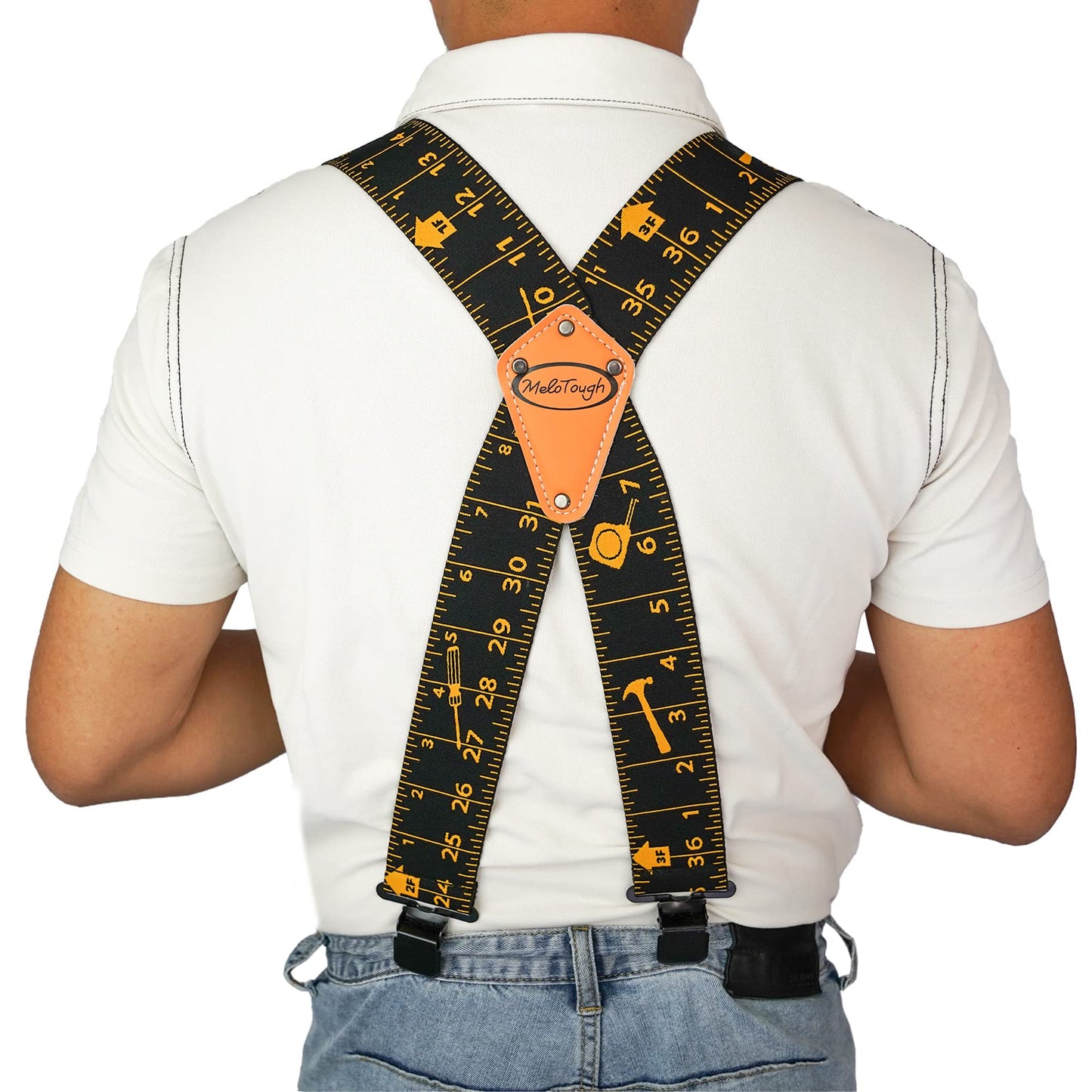 MELOTOUGH Men suspender with 2 inch elastic fully adjustable X back Industrial Strength Suspender (Black Rule)