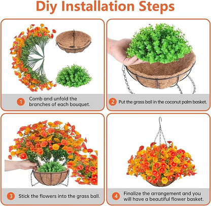 Florielle Artificial Hanging Faux Flowers Basket, Fake Silk Petunias Plants Arrangement,for Summer Fall Outdoor Decoration,UV Resistant, Morning Glorias,for Home Garden Decor (Orange&Yellow)